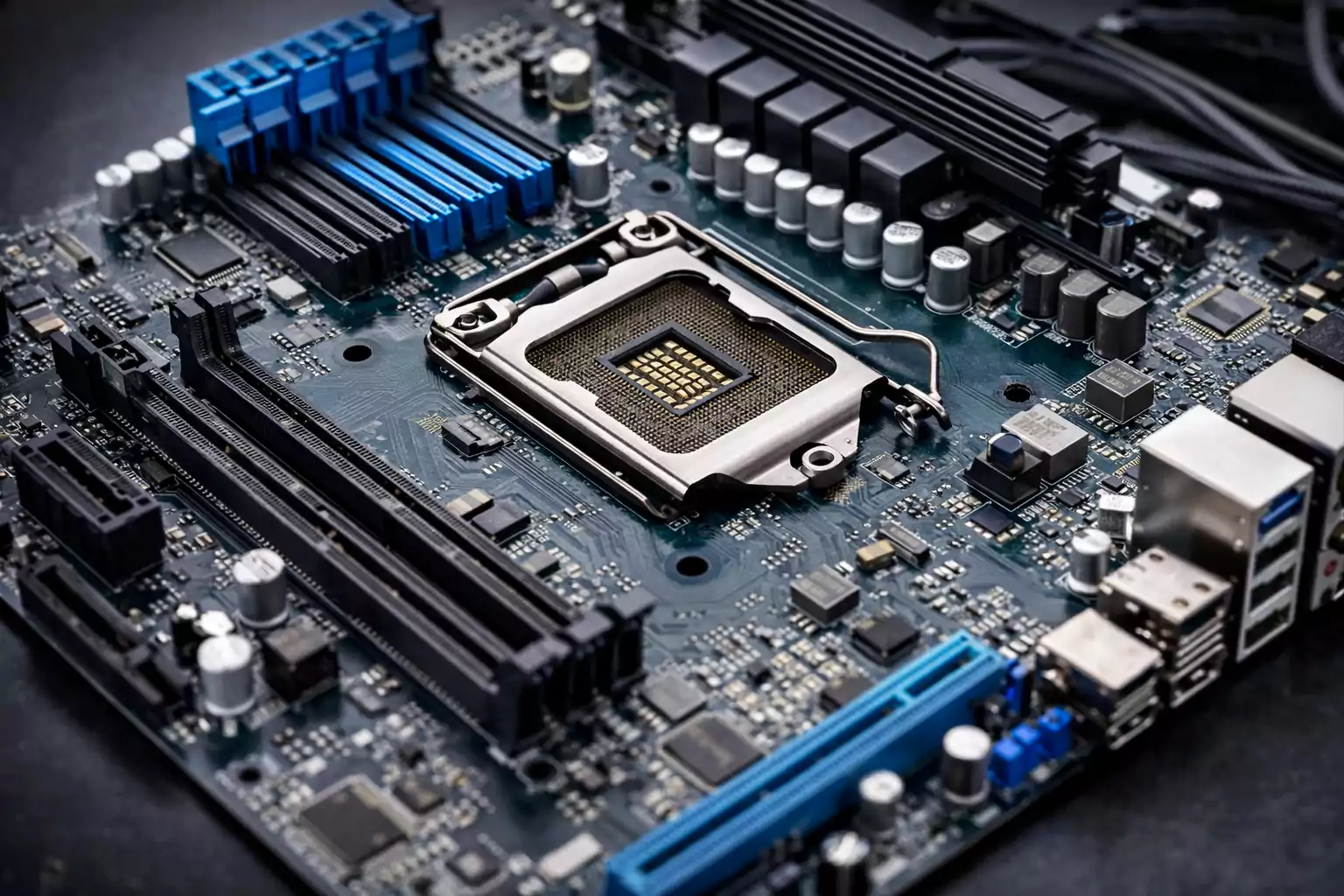 Close-up of a modern motherboard PCB with CPU socket, RAM slots, and PCIe slots