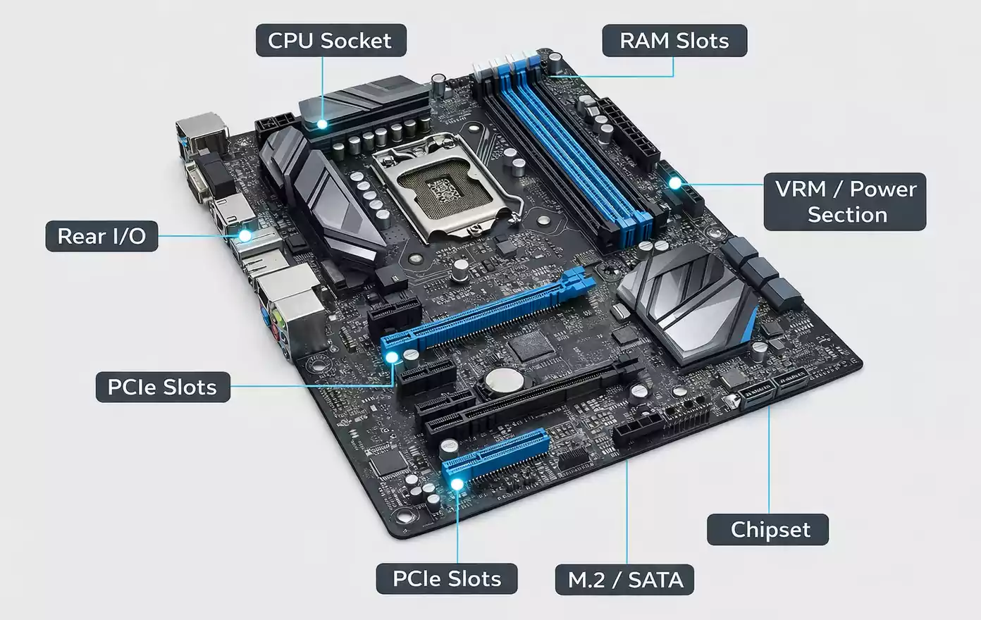 Labeled diagram of the main parts of a motherboard PCB