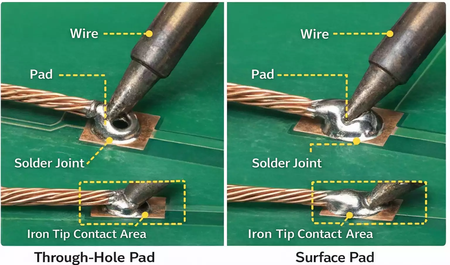 Through-hole pad vs surface pad wire soldering