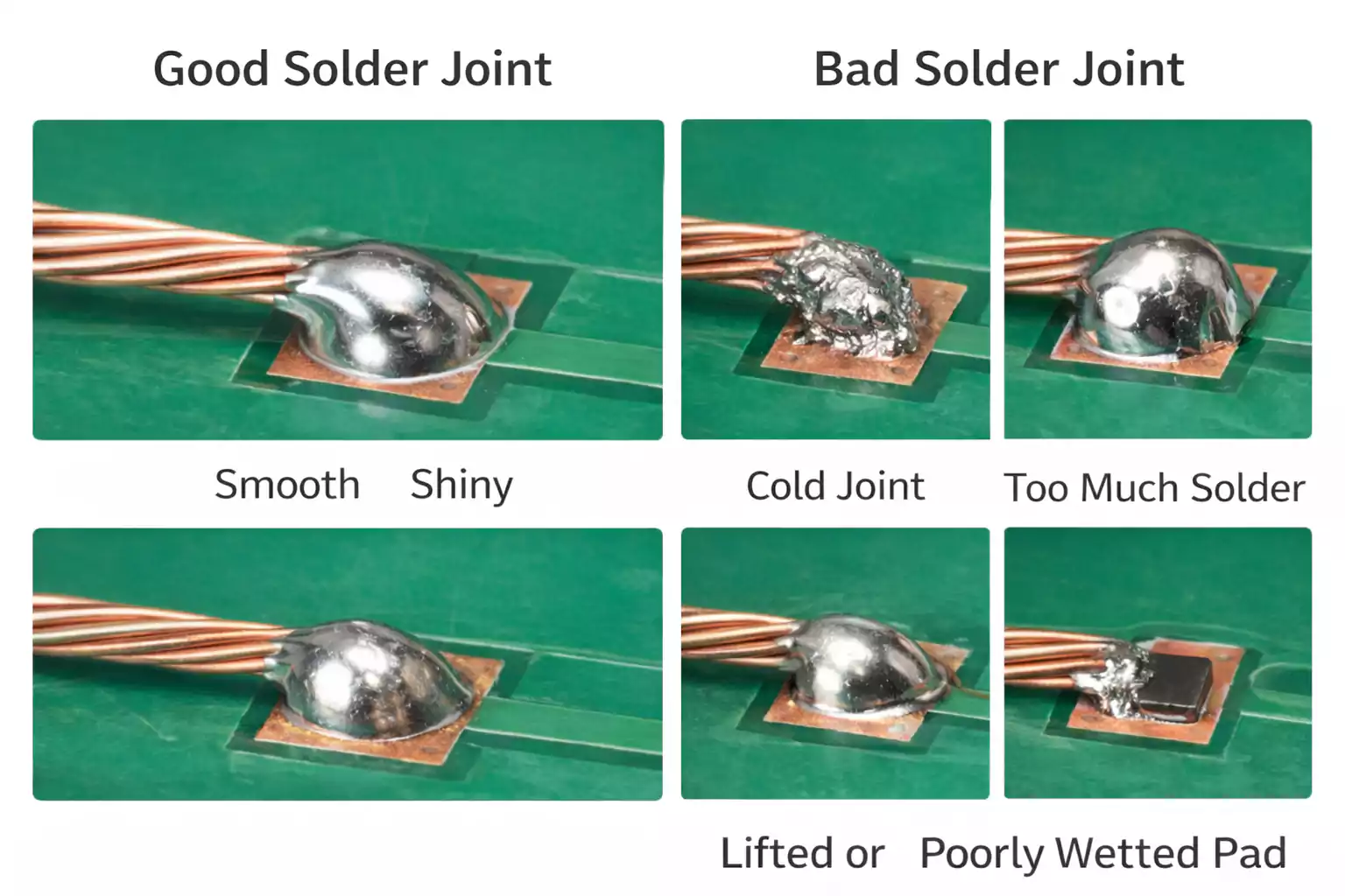 Good and bad wire-to-PCB solder joints