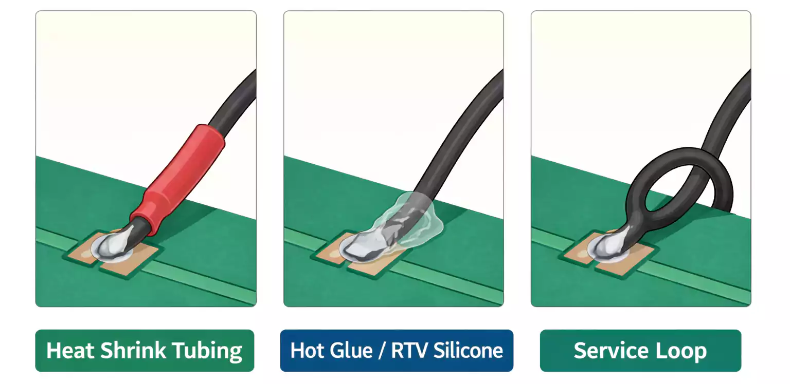 Simple strain relief methods for wire-to-PCB connections