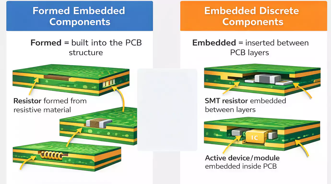 Formed vs embedded PCB components comparison diagram