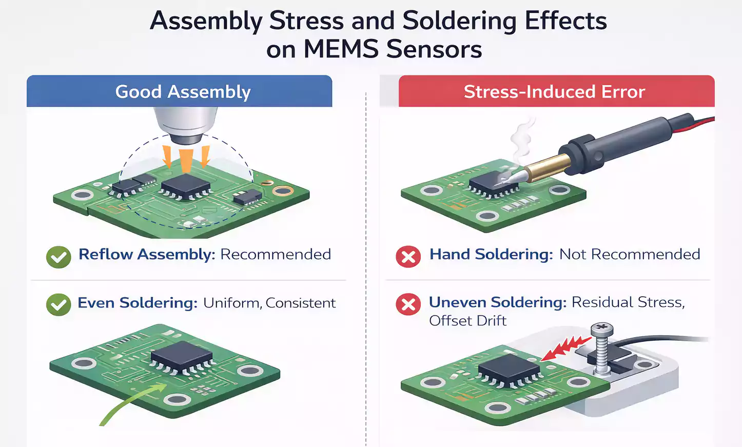 MEMS sensor assembly stress and soldering effects