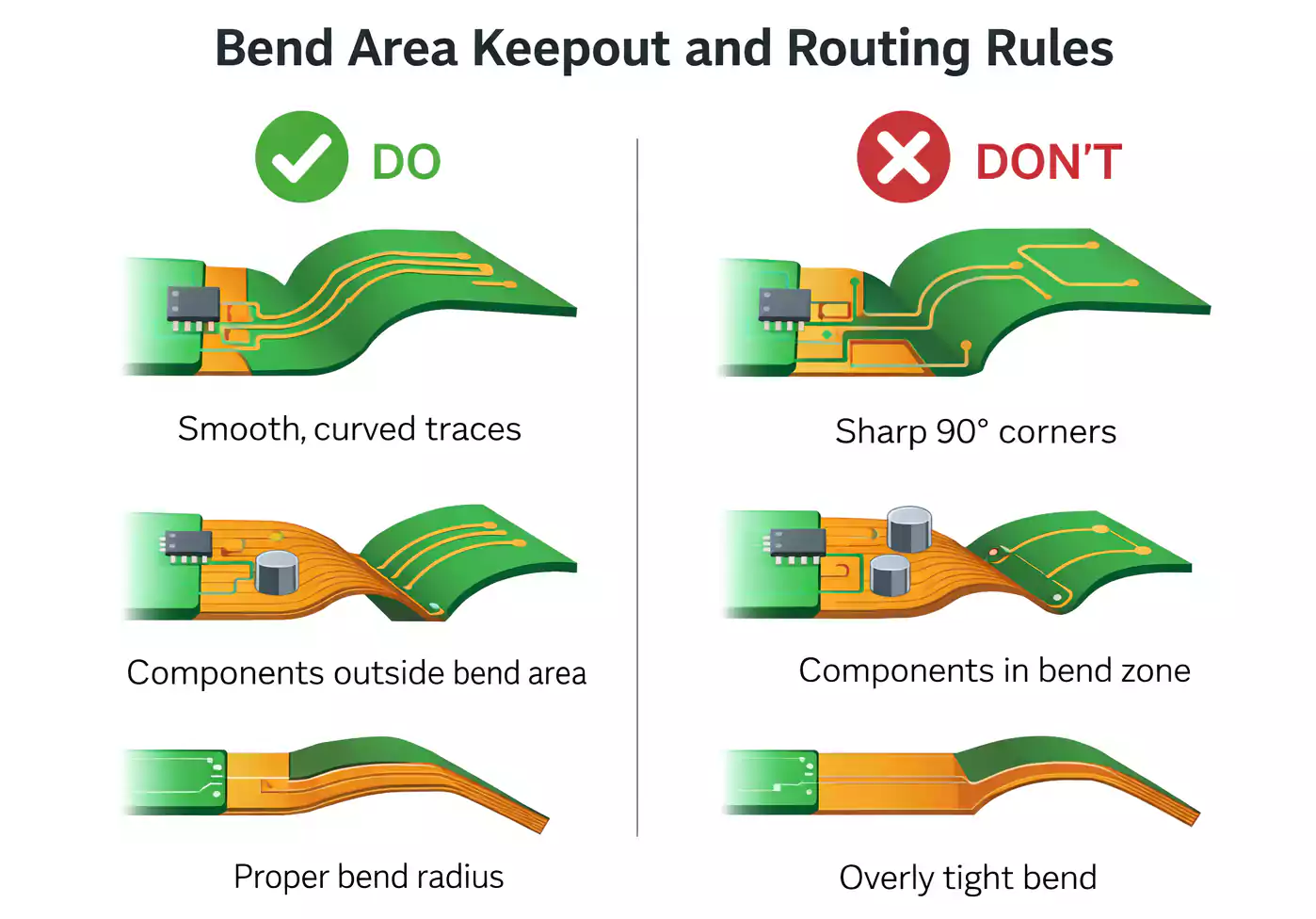 Rigid-flex PCB bend area keepout and routing rules