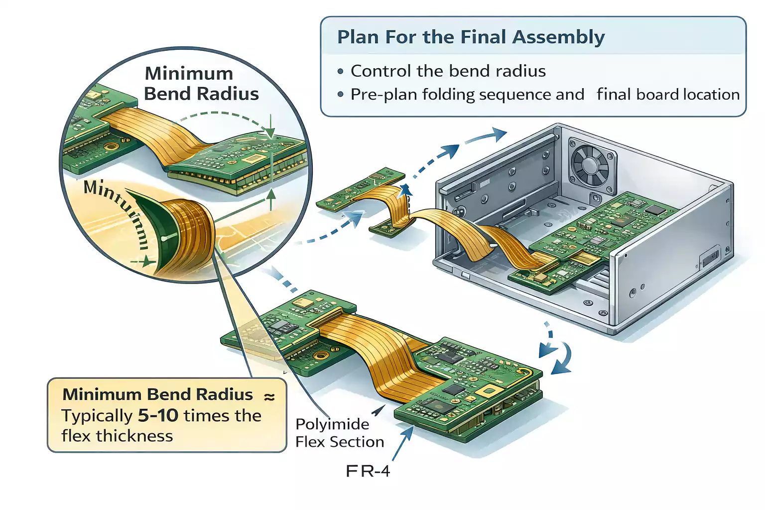 Rigid-flex PCB bend radius and final assembly diagram