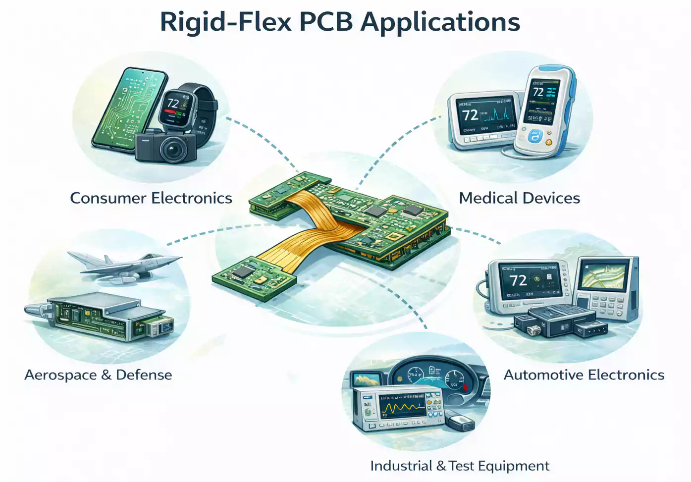 Rigid-flex PCB applications across consumer, medical, aerospace, automotive, and industrial electronics