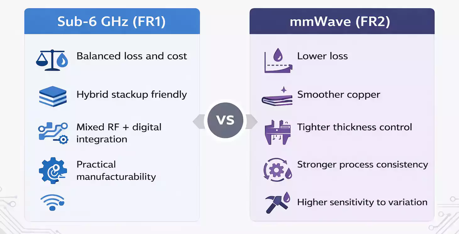 Sub-6 GHz vs mmWave PCB material priorities