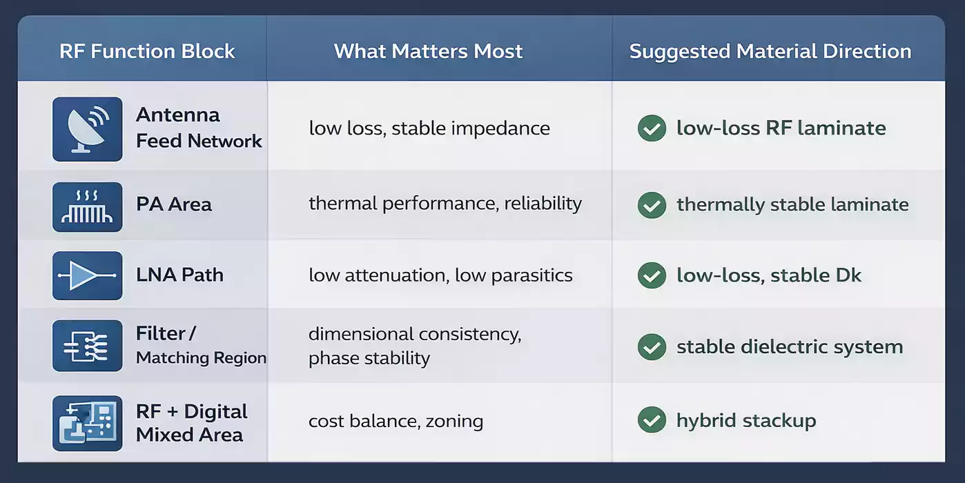 PCB material selection by RF function block