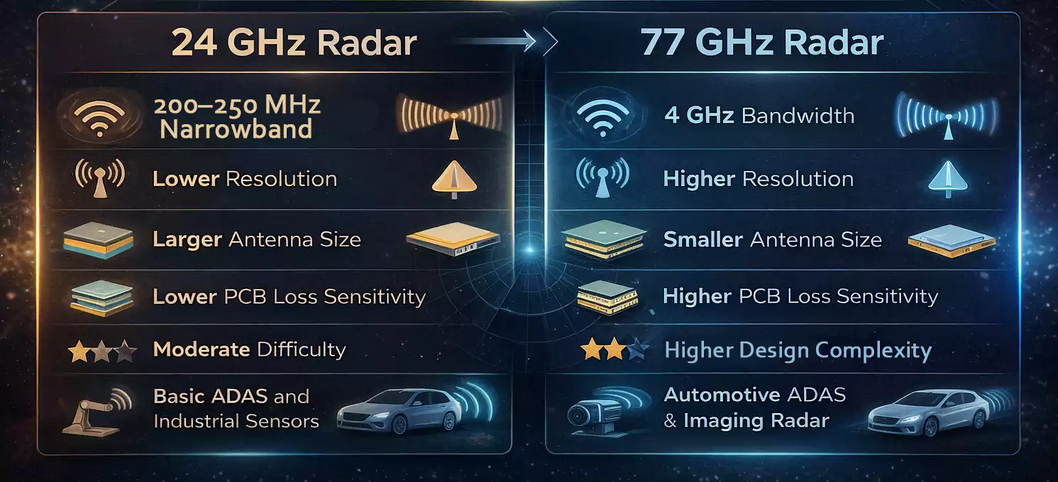24 GHz vs 77 GHz radar comparison for PCB design