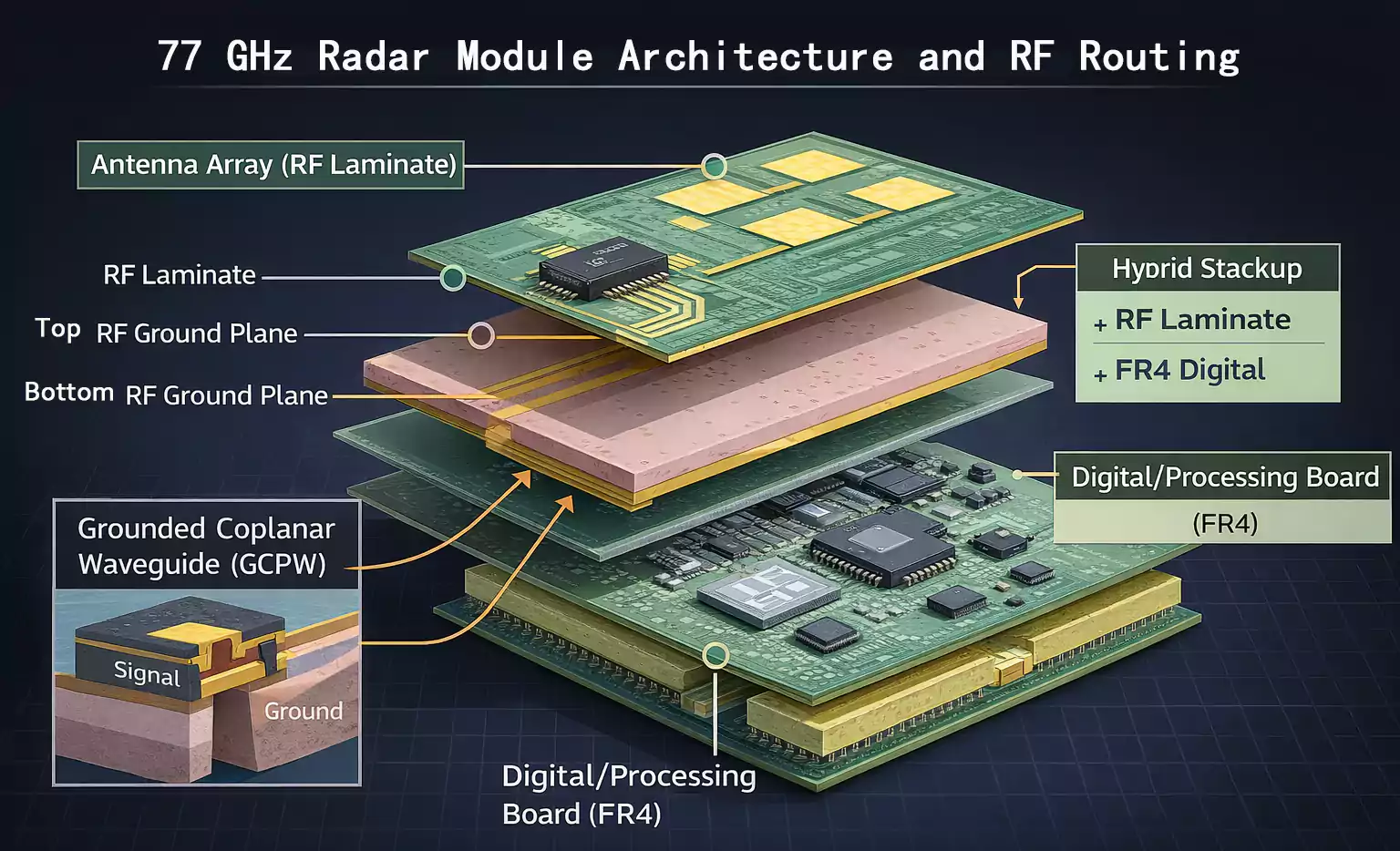 77 GHz radar module architecture and RF routing