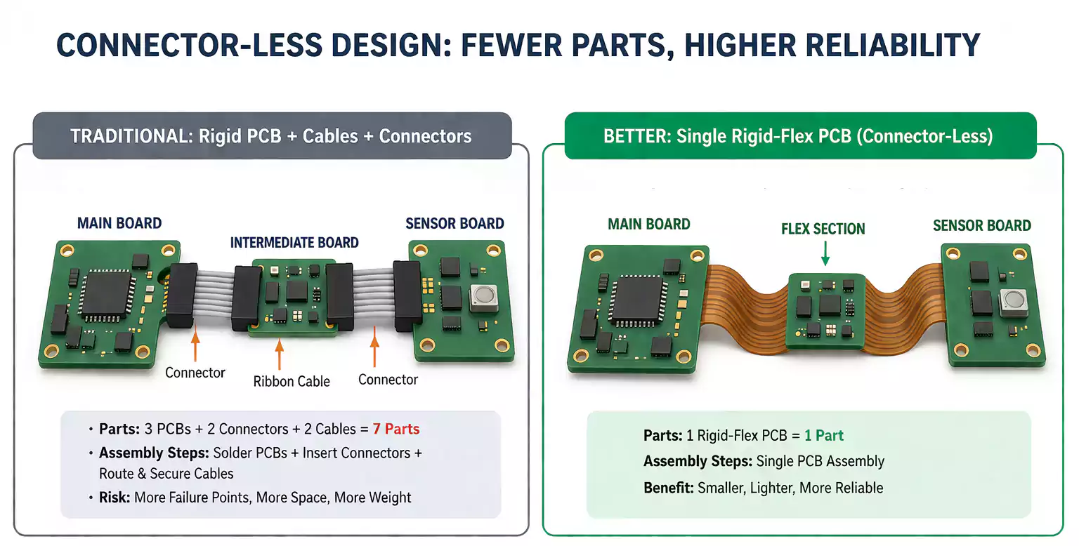 Connector-less rigid-flex PCB design comparison