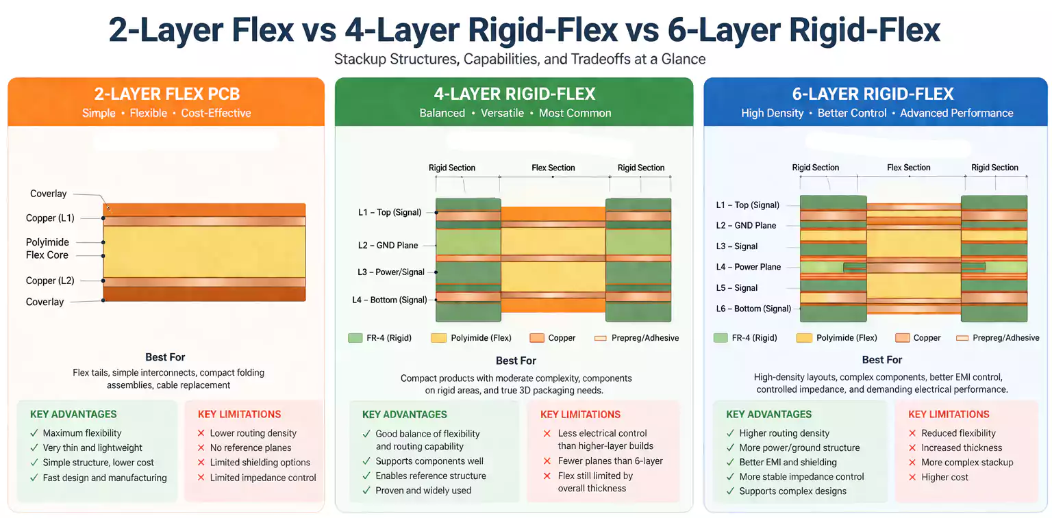 2-layer flex vs 4-layer rigid-flex vs 6-layer rigid-flex comparison