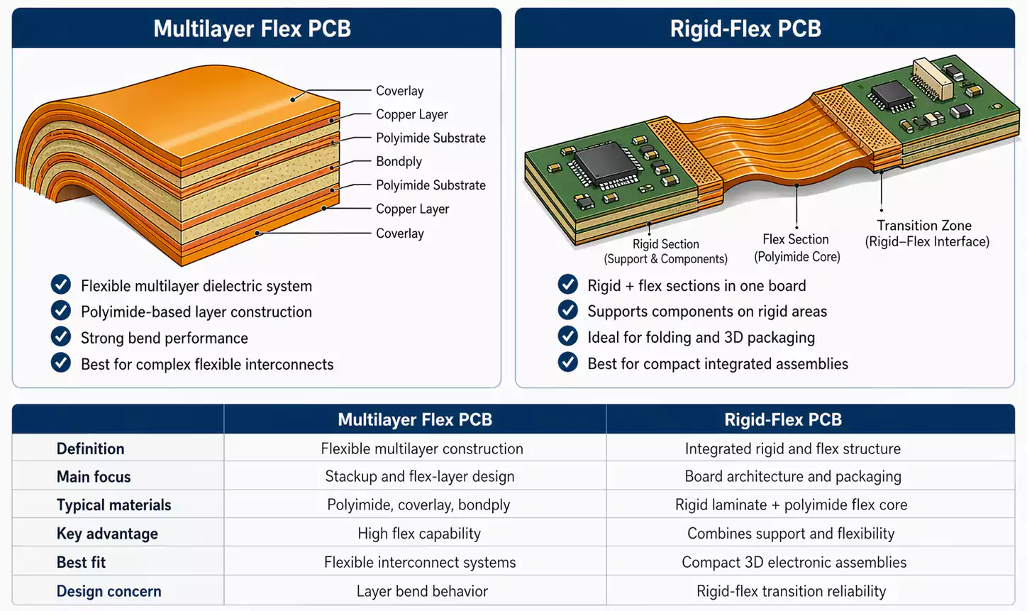 Multilayer flex PCB vs rigid-flex PCB comparison overview