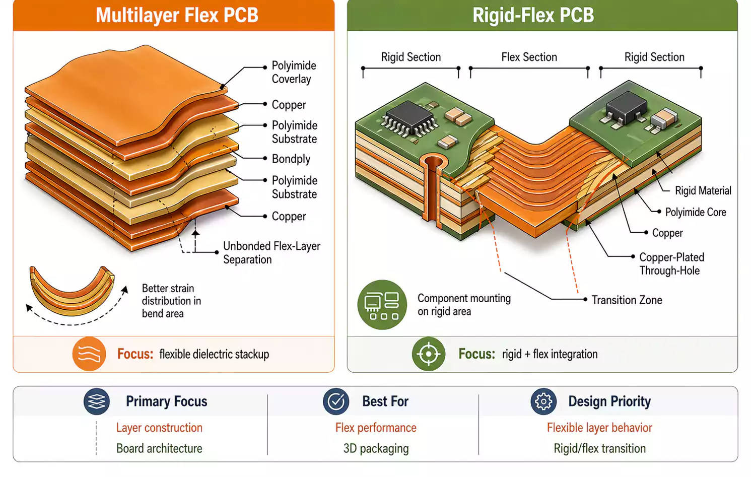Structural difference between multilayer flex PCB and rigid-flex PCB