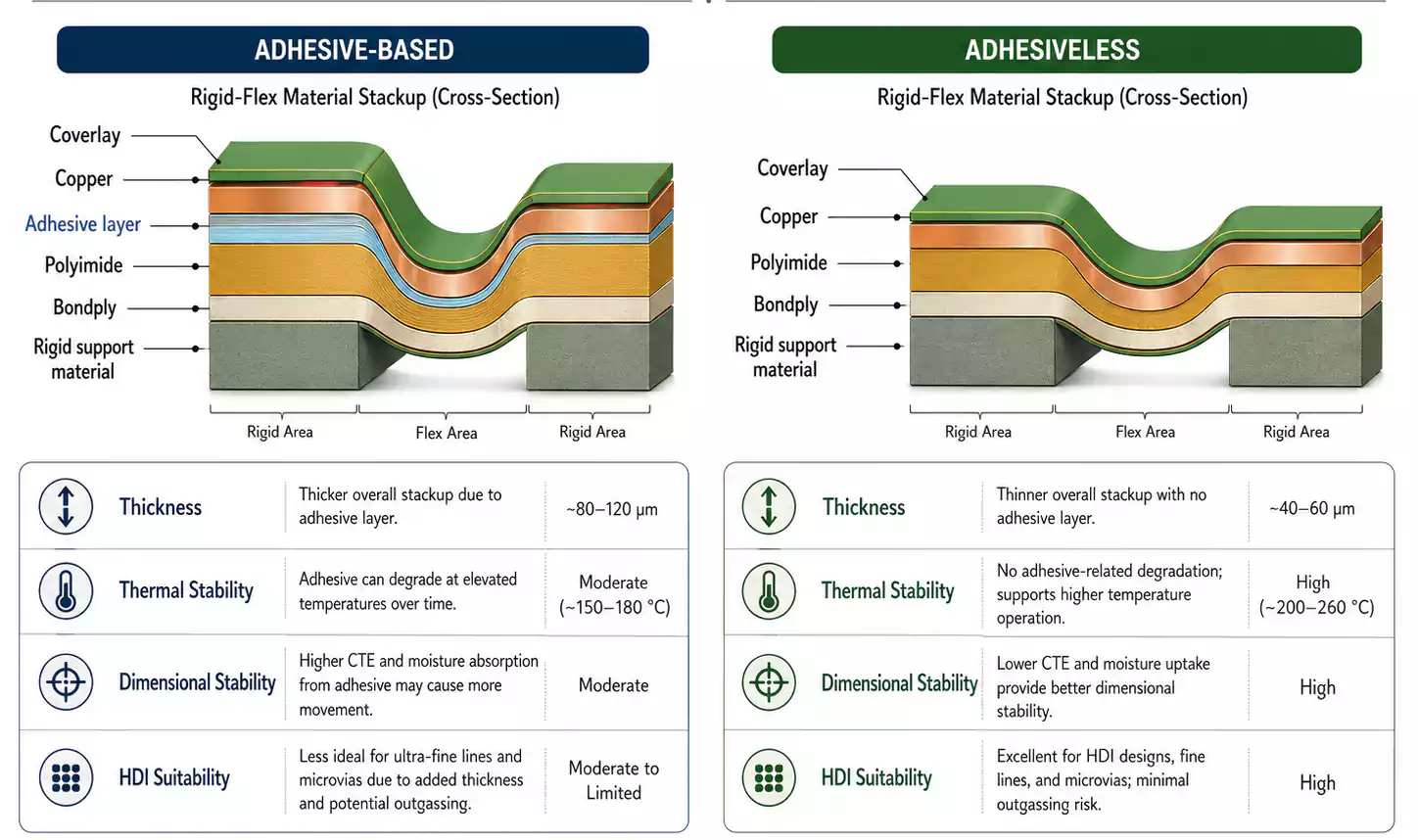 Comparison of adhesive-based and adhesiveless rigid-flex PCB material stackups