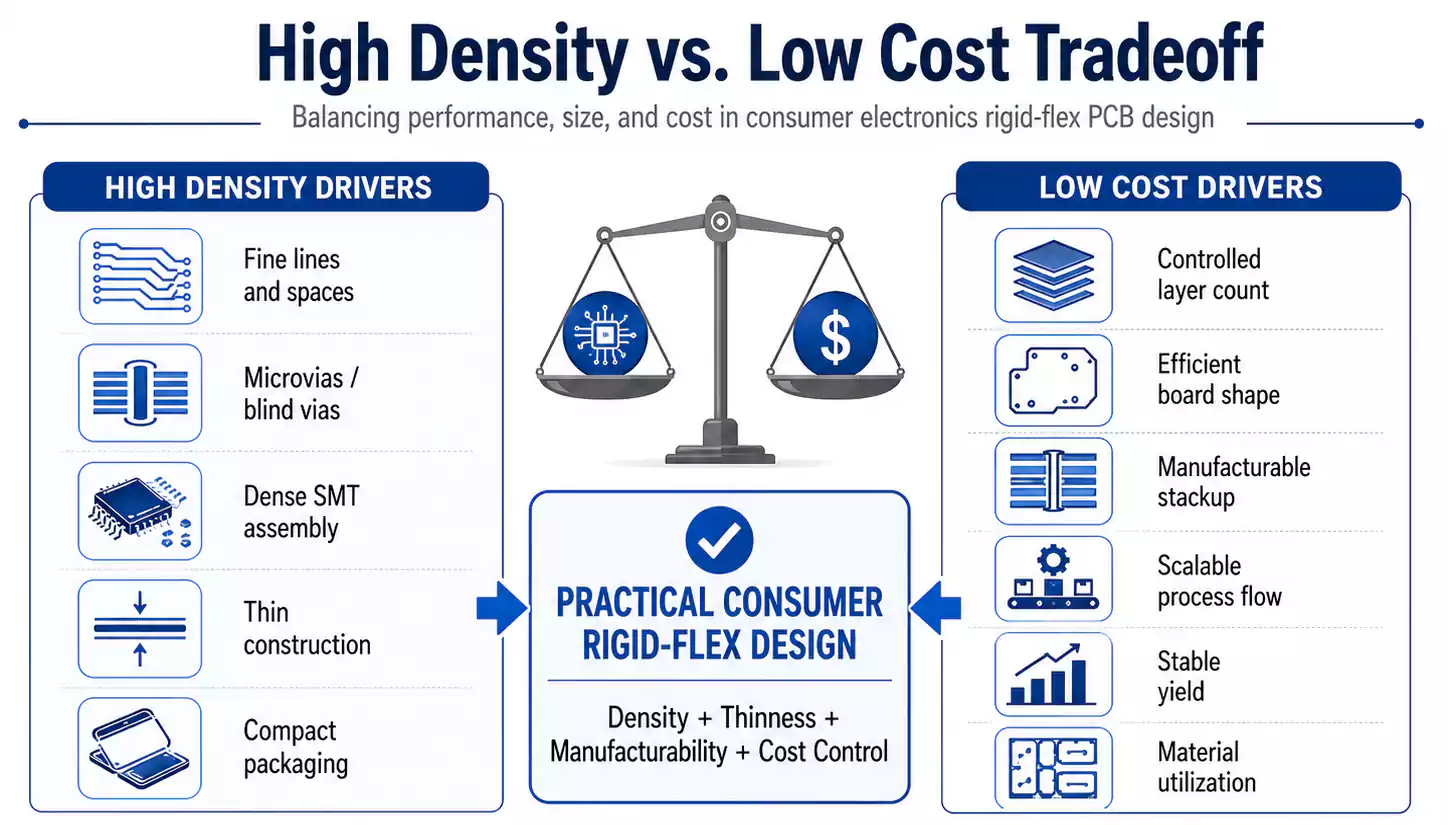 High density and low cost tradeoff in consumer rigid-flex PCB design