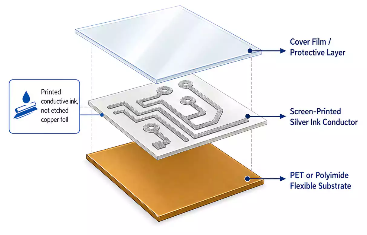 Polymer thick film flex circuit structure with screen-printed silver ink conductor