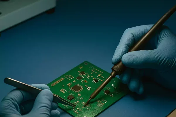 Technician assembling a PCB under a magnifying lamp using tweezers and a soldering iron