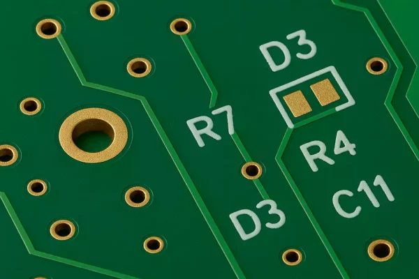 Close-up of green PCB with solder mask, copper pads, and silkscreen labels