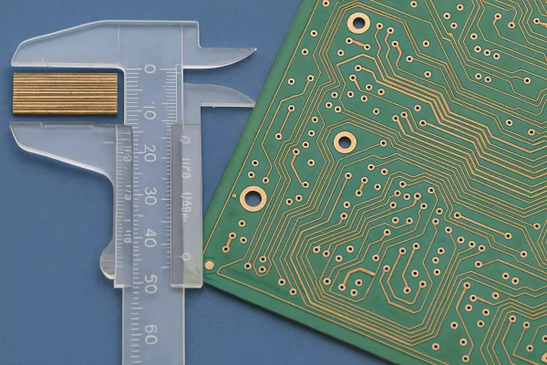 Close-up of PCB and caliper showing laminate layer inspection