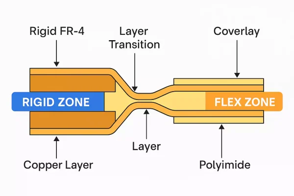 Cross-section diagram of a rigid flex PCB showing rigid zone, flex zone, and layer transition