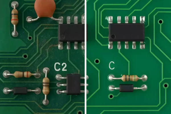 Side-by-side comparison of uncoated and conformal-coated PCBs