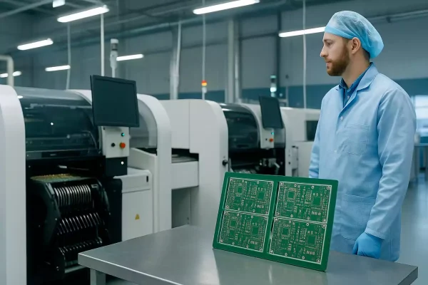 Engineer inspecting SMT line in an industrial PCB manufacturing facility with multilayer boards