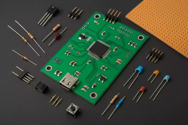 Green blank PCB with components and perfboard on dark background