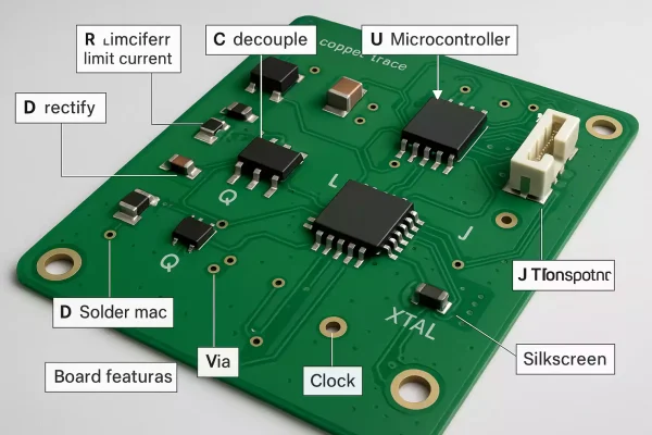 Labeled PCB showing resistors, capacitors, ICs, vias, and silkscreen markings