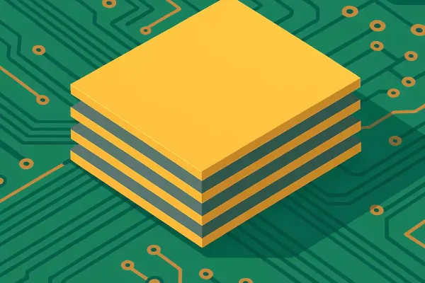 Stylized 3D stack of PCB layers on a green circuit board background with copper traces