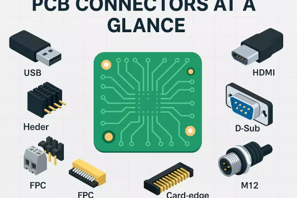 PCB connectors overview around a green PCB: USB, RJ45, headers, FPC, card-edge, M12