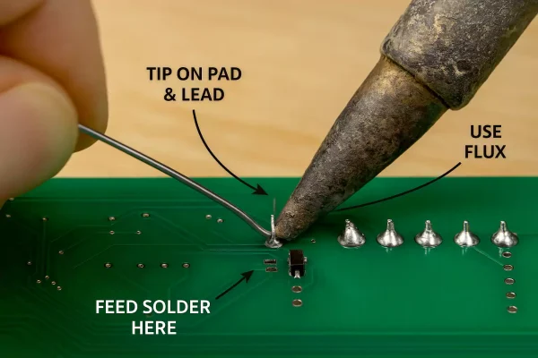 Close-up of hand soldering a PCB using soldering iron and wire