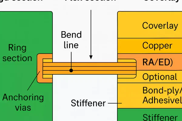 Rigid-flex PCB cross-section with flex layers, coverlay, and anchoring vias