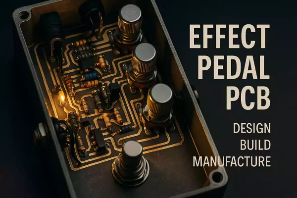 Guitar effect pedal with PCB and components inside open enclosure