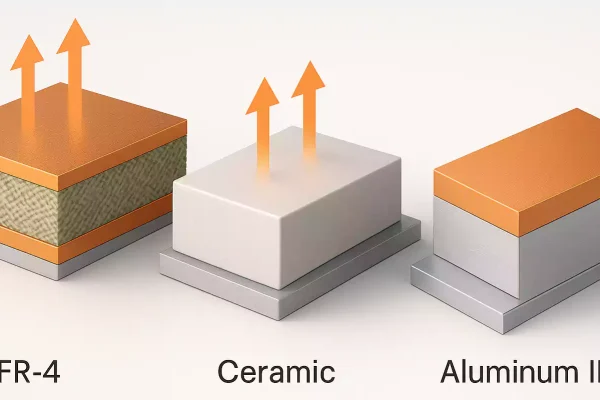 PCB board material comparison showing FR-4, ceramic, and aluminum IMS stack-ups with copper layers