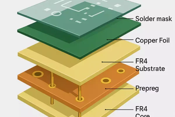 Exploded view of FR4 PCB showing solder mask, copper foil, prepreg, and core layers