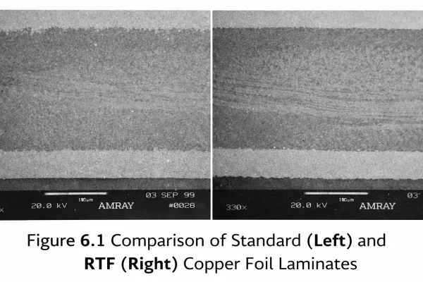 Side-by-side cross-sections showing standard foil vs reverse-treated foil (RTF) at ~100 μm scale.