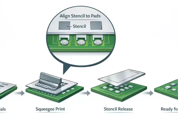 Step-by-step SMT solder paste printing process: align stencil, squeegee print, stencil release, ready for placement