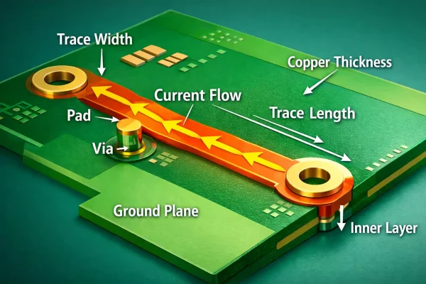 PCB trace showing width, current flow, via, pad, and ground plane.