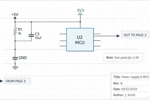 PCB schematic diagram with title block, MCU, resistor, and labeled connections