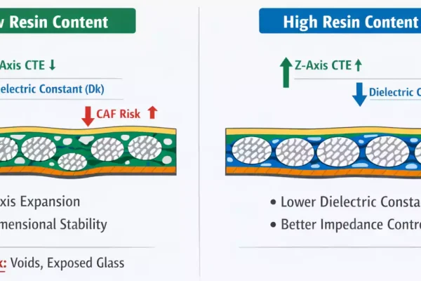 PCB laminate cross-sections comparing low vs high resin content, showing Z-axis CTE, Dk change, and CAF risk.