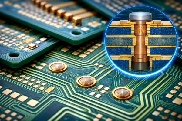 Close-up of an HDI PCB with gold pads and a magnified microvia cross-section.