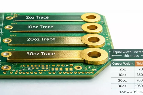 Heavy copper PCB coupon showing equal-width 2oz, 10oz, 20oz, 30oz traces with thickness in μm