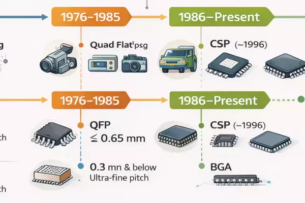 Surface Mounting Technology evolution timeline showing three stages and packaging milestones (SOIC, QFP, CSP, BGA)