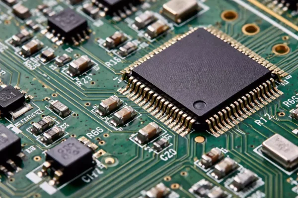 Macro photo of assembled PCB Prototype Board with QFP and 0402 parts, clean solder joints