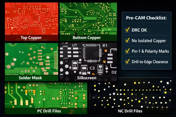 PCB artwork montage of Gerber layers—top/bottom copper, solder mask, silkscreen and NC drill—with pre-CAM checklist