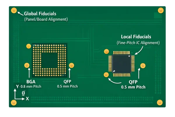 Fiducial PCB layout showing global corner marks and local fiducials near BGA and QFP