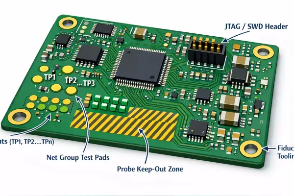 Annotated PCB showing test pads, JTAG/SWD header, probe keep-out zone, and tooling holes for ICT readiness