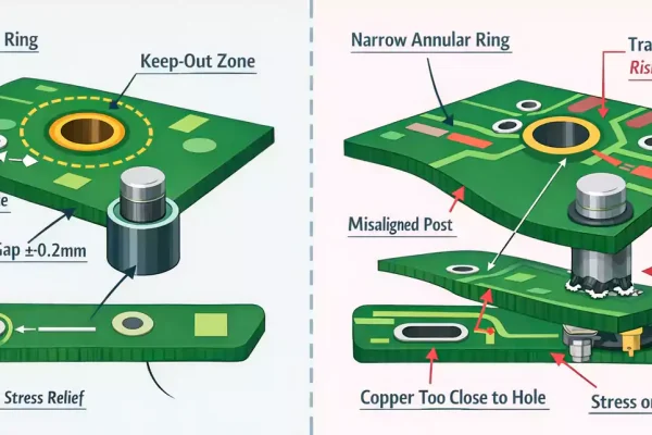 PCB mount hole DFM best practices vs common mistakes: proper annular ring, keep-out, tolerance, and slotted hole