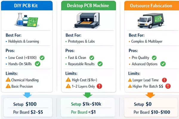 Decision chart comparing DIY PCB kit, desktop PCB machine, and outsourced fabrication